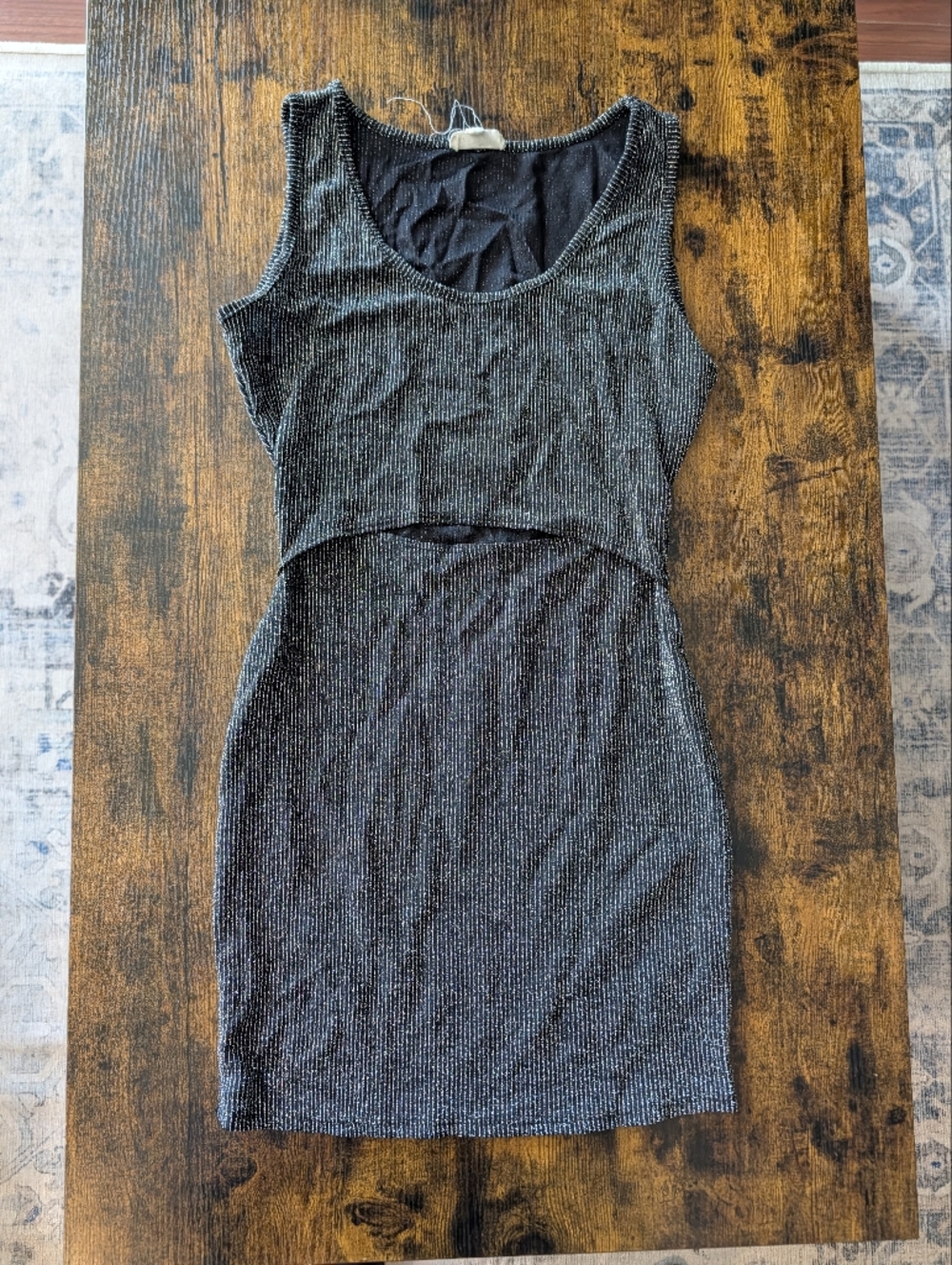 See You Monday Black with Silver Metallic Ribbed Tank Mini Dress